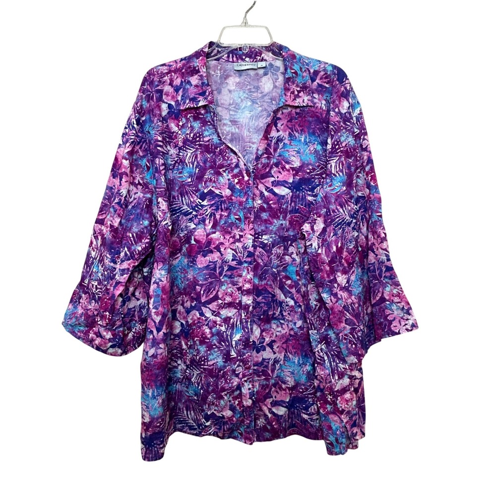 Catherines Button Up Top Womens 4X Purple Floral 3/4 Sleeve Tropical Print Boho
